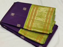 Gorgeous Aubergine Purple with Pastel Green Silver and Twisted Gold and Silver Jari Handwoven Pure Korvai Kanjivaram Silk Saree