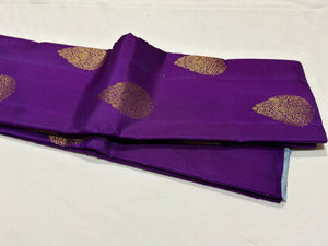 Purple with Greyish Blue Borderless muthukattam with buttas Handwoven Pure Jari Kanjivaram Silk Saree Beauty