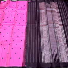 Strikingly beautiful Candy Pink with Deep Purple Handwoven Pure Zariless Kanjivaram with Silk buttas woven body with small banarasi borders rich pallu and contrast woven blouse