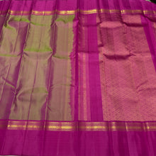 Sahana- Gorgeous Manthulir Green with Deep Pink Muthukattam Handwoven Pure Jari Kanjivaram Silk with beautiful body spaced borders rich pallu and contrast woven blouse