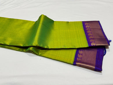 Parrot Green with Violetish Blue Handwoven Pure Jari Korvai Kanjivaram Silk Saree Beauty