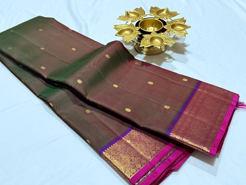Manthulir Green Purple Buttas Handwoven Pure Kanjivaram Silk Saree Beauty
