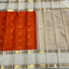 Orange with Offwhite Vairaoosi with Buttas Handwoven Pure Jari Korvai Kanjivaram Silk Saree Doublepet Borders Beauty