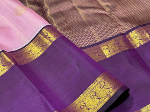 Lotus Pink with Deep Purple Vairaoosi with Buttas Handwoven Pure Jari Korvai Kanjivaram Silk Saree Beauty with Long Doublepet Borders