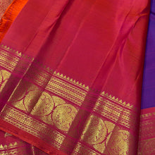 Sahana- Gorgeous Purple with Dual tone Orange Pink Handwoven Pure Jari Kanjivaram Silk with mayil chakram buttas woven body with rich elephants woven borders gorgeous pallu and contrast woven blouse