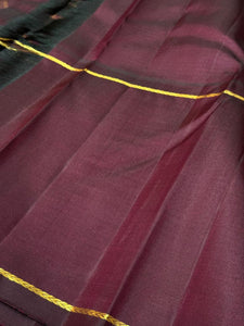 Pastel Blue Green Shade with Burgundy Brown Checks with Korvai Handwoven Pure Jari Kanjivaram Silk Saree with Long borders Mubbakam Style beauty