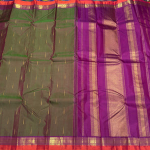 Manthulir Green with Vadamalli Purple with  Mallimoggu buttas Handwoven Pure Kanjivaram Silk Saree Beauty