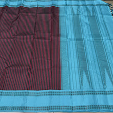 Saraswati- Gorgeous Deep Maroon and Black with Sky Blue Premium Zariless Handwoven Pure Korvai Kanjivaram Silk Saree with beautiful striped body lovely rettapet rudrakshas woven borders rich classic seer pallu and contrast woven blouse