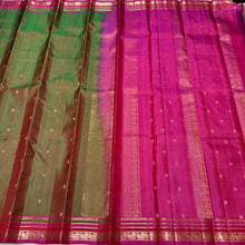 Manthulir Green with Magenta Pink Buttas Handwoven Pure Kanjivaram Silk Saree with beautiful borders rich pallu and contrast woven blouse beauty