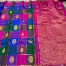 Vintage Beauty- Palum Pazhamum Kattam in Beautiful Blue, Green , Purple Pink Shades with rich peacocks and Vel motifs woven body with small rudrkashapet borders rich pallu and contrast woven blouse