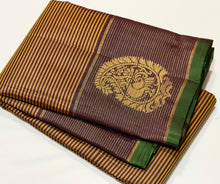 Sahana- Gorgeous Bronze Gold with Deep Purplish Brown Handwoven Pure Kanjivaram Silk with Striped body rich peacocks in paisley motifs woven borders with green selvedges rich pallu and contrast woven blouse