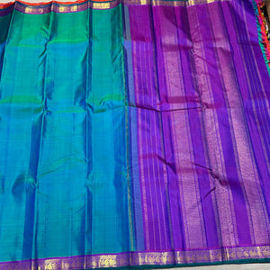 Peacock Blue Green with Purple Handwoven Pure Kanjivaram Silk Saree Beauty