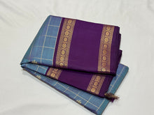 Premium Zariless Weave- Peacock Blue with Deep Purple Muthukattam Checks Handwoven Pure Kanjivaram Silk Saree with Doublepet Borders rich pallu sorgavasal themed with contrast blouse beauty
