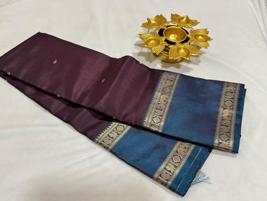 Deep Coffee Brown with Teal Blue Body Buttas with Doublepet Borders Peacock Woven Pallu Handwoven Pure Kanjivaram Silk Saree Beauty
