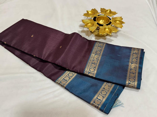 Deep Coffee Brown with Teal Blue Body Buttas with Doublepet Borders Peacock Woven Pallu Handwoven Pure Kanjivaram Silk Saree Beauty