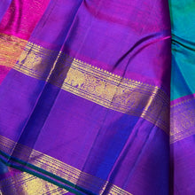 Peacock Bluish Green with Purple Buttas with Rettapet Borders Handwoven Pure Jari Kanjivaram Silk Saree Beauty