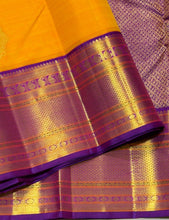 Vaibhogam- Gorgeous Mambazham Yellow with Purple Handwoven Pure Jari Korvai Kanjivaram Silk With Buttas woven body with Long and Short beautiful rich borders pallu and contrast woven blouse