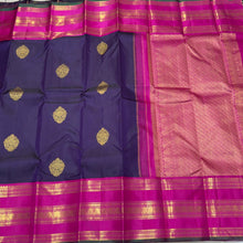 Deep Purplish Navy Blue with Pink Buttas Korvai with Varisaipet Borders Handwoven Pure Jari Kanjivaram Silk Saree Beauty