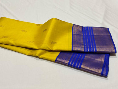 Yellow with Royal Blue Handwoven Pure Jari Korvai with Buttas Kanjivaram Silk Saree Beauty