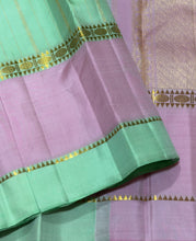 Sahana- Gorgeous Pastel Pista Green with Lotus Pink Handwoven Pure Jari Kanjivaram Silk with Striped body beautiful borders rich pallu and contrast woven blouse