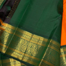 Vaibhogam- Stunning Orange with Bottle Green Handwoven Pure Zari Korvai Kanjivaram Silk with Buttas woven body with rich Borders gorgeous pallu and contrast green blouse