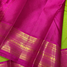 Vaibhogam- Stunning Parrot Green with Rani Pink Vairaoosi Checks Handwoven Pure Jari Korvai Kanjivaram Silk with beautiful rich borders gorgeous pallu and contrast Vairaoosi blouse