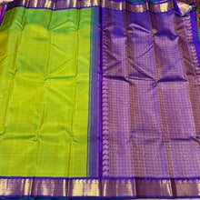 Parrot Green with Violetish Blue Handwoven Pure Jari Korvai Kanjivaram Silk Saree Beauty