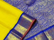 Vaibhogam- Lemon Sampanga with Royal Blue Handwoven Pure Jari Korvai with Buttas Kanjivaram Silk Saree with beautiful borders with rust piping rich pallu and contrast woven blouse