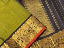 Beautiful Moss Green with Dark Kanchana Brown Handwoven Pure Jari Kanjivaram Silk Saree with beautifully woven borders rich pallu and contrast woven blouse beauty