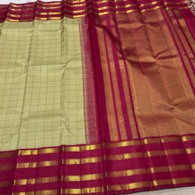 Vaibhogam- Stunning Pastel Green with Arakku Red Handwoven Pure Jari Korvai Kanjivaram Silk with Checked body and tetrapet beautifully woven borders rich finely woven pallu and contrast woven blouse
