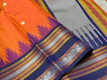 Rustic Orange with Navy Blue Buttas with temple borders Korvai Zariless Handwoven Pure Kanjivaram Silk Saree Beauty