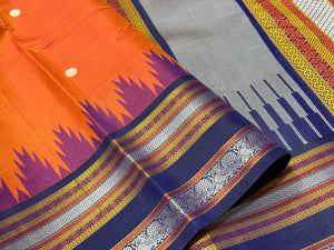 Rustic Orange with Navy Blue Buttas with temple borders Korvai Zariless Handwoven Pure Kanjivaram Silk Saree Beauty