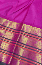 Vaibhogam- Gorgeous Yellow with Rani Pink Handwoven Pure 2g Jari Korvai with Buttas Kanjivaram Silk with varisaipet borders with green selvedges and rich woven pallu and contrast woven blouse