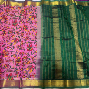 Lotus Pink with Emerald Green Handwoven Handblock Pichwai Printed Self Contrast Silkcotton Beauty