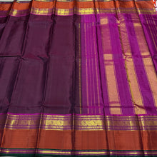 Sahana- Deep Maroonish Brown with Dark Magenta Muthukattam Handwoven Pure Jari Kanjivaram Silk with spaced borders in magenta rust and green with rich pallu and contrast woven blouse
