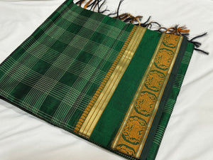 Deep Emerald Green with Gold Yazhi borders muthukattam checked Premium Handwoven Pure Kanjivaram Silkcotton Saree Beauty