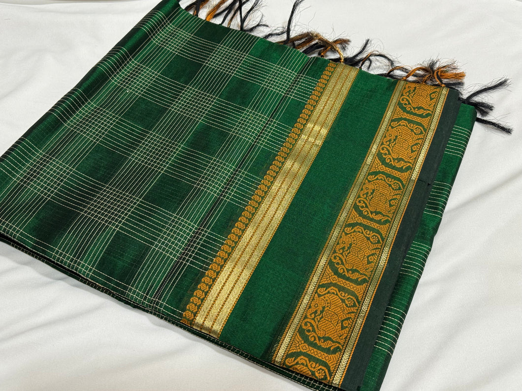 Deep Emerald Green with Gold Yazhi borders muthukattam checked Premium Handwoven Pure Kanjivaram Silkcotton Saree Beauty