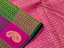 Saranga- Gorgeous Palum Pazhamum Checks Borderless Handwoven Pure Jari Kanjivaram with Paisleys woven jacquard body with rich lakshadeepam style woven beautiful pallu and contrast woven rani pink blouse .