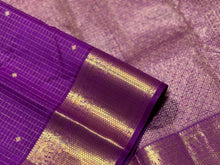 Vadamalli Purple with Gold Jari Oosi checks with buttas Handwoven Pure Jari Kanjivaram Silk Saree Beauty