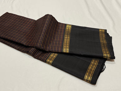 Vintage Style Woven Brown with Black Handwoven Pure Jari Kanjivaram Silk Saree with Muthukattam Checked body with rettapet borders beauty
