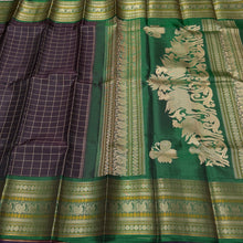 Saraswati- Gorgeous Coffee Brown with  Deep Emerald Green Handwoven Premium Zariless Kanjivaram Silk with beautiful muthukattam silk checked body with gorgeous varisaipet borders rich sorgavaasal pallu and contrast woven blouse