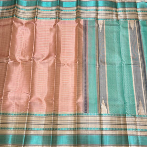 Peach with Cream Handwoven Pure Zariless Soft Kanjivaram Silk Saree with Striped body
