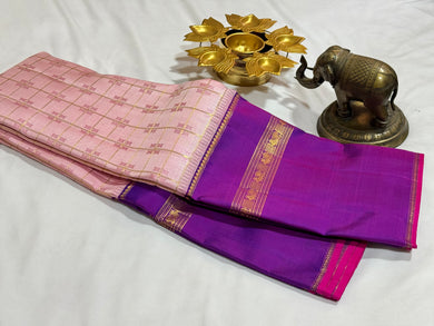 Soft Pink with Purple Handwoven Pure Jari Korvai with Jari Checks and Jacquard Buttas with Long Doublepet Borders Kanjivaram Silk Saree Beauty