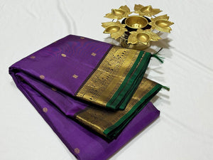 Deep Purple with Coffee Brown Buttas Handwoven Pure Kanjivaram Silk Saree Beauty