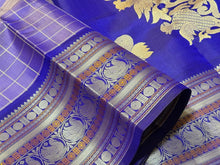 Lavenderish Blue with royal blue checks with Sorgavasal Pallu Handwoven Pure Zariless Kanchipuram Silk Sarees Beauty with varisai borders