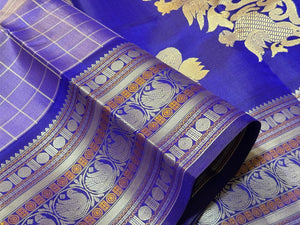 Lavenderish Blue with royal blue checks with Sorgavasal Pallu Handwoven Pure Zariless Kanchipuram Silk Sarees Beauty with varisai borders