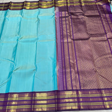 Gorgeous Turquoise Blue with Deep Purple  Kai Korvai Handwoven Pure Jari Kanjivaram Silk Saree with intricate meenakari varisaipet borders with rich pallu and contrast woven blouse beauty