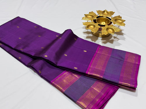 Deep Wine with Magenta Pink Buttas with Rettapet Borders Handwoven Pure Jari Kanjivaram Silk Beauty
