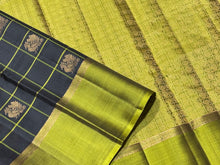 Black with Lime Green Handwoven Pure Kanjivaram Silk Saree woven in 1000 buttas style with rich pallu and contrast woven borders beauty
