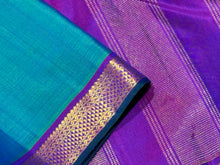 Dual tone Peacock Blue Green with Purple Handwoven Pure Kanjivaram Silk Saree Small Borders Beauty